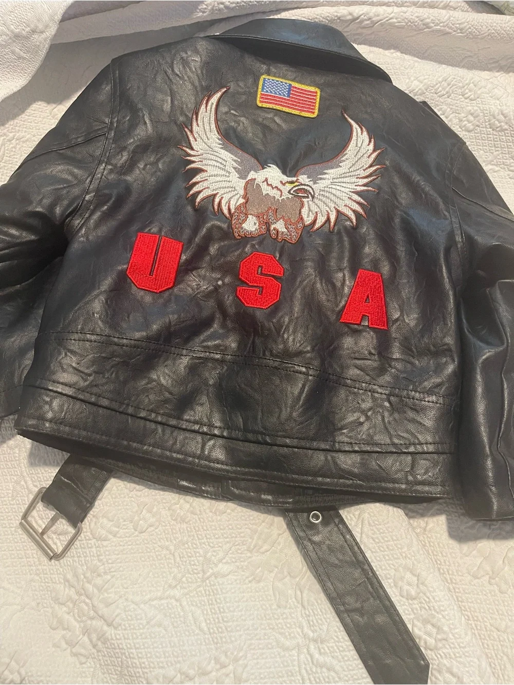 Kids 3T Black Faux Leather Moto Jacket with Star Pocket Embroidered Patches. Zip